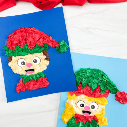 two finished portraits of elf tissue paper craft, one boy and one girl