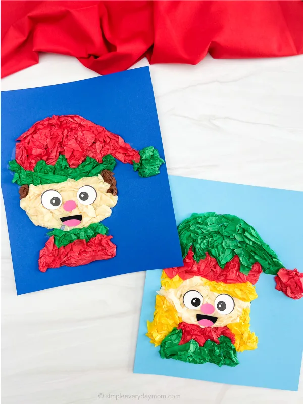 two finished portraits of elf tissue paper craft, one boy and one girl