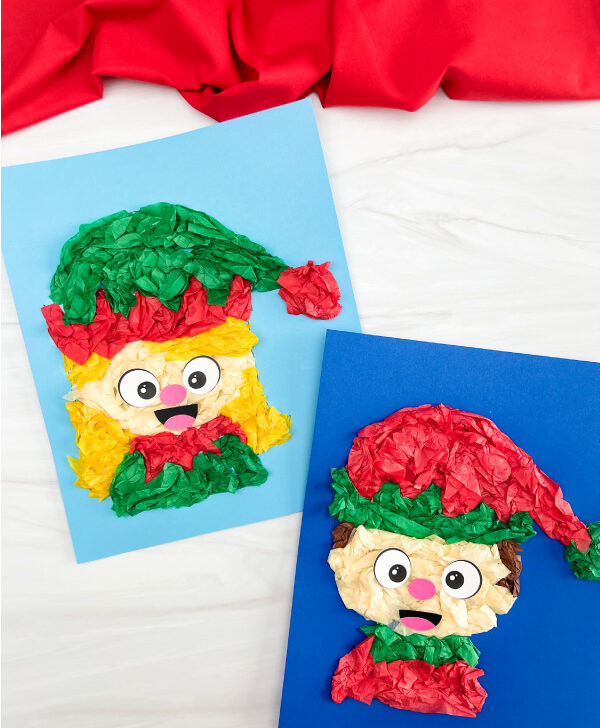 two finished versions of elf tissue paper craft
