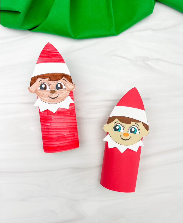 two finished elf on the shelf toilet paper crafts side by side
