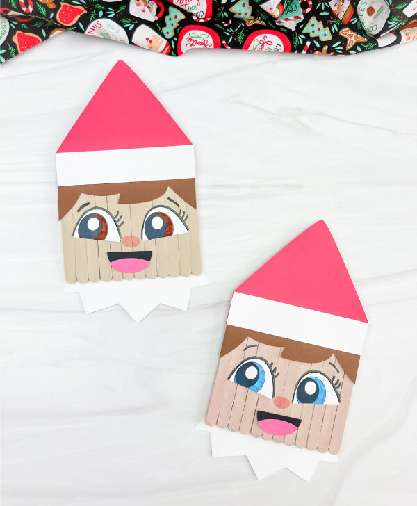 two finished elf on the shelf popsicle stick crafts side by side