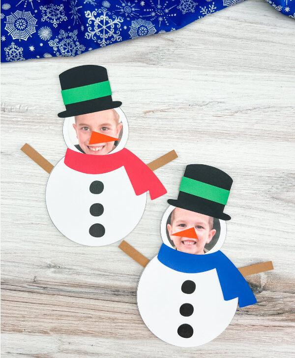 Finished snowman photo craft. Two crafts side by side