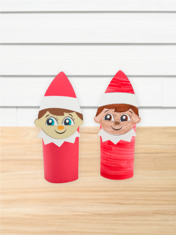 two finished toilet paper roll elf on the shelf craft standing on end