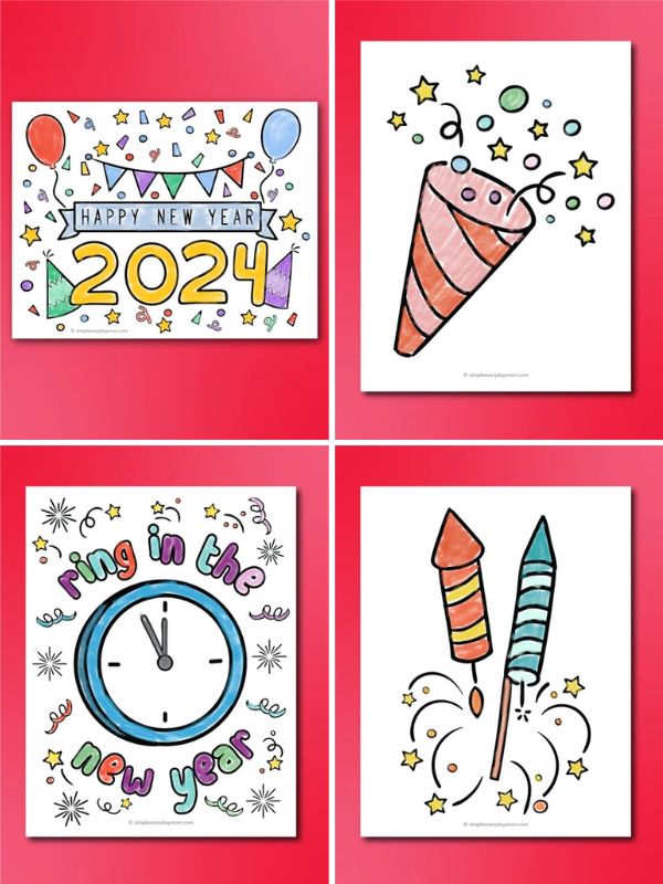 collage of NYE coloring pages