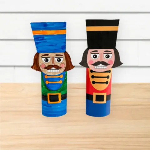 two examples of finished nutcracker toilet paper roll craft side by side