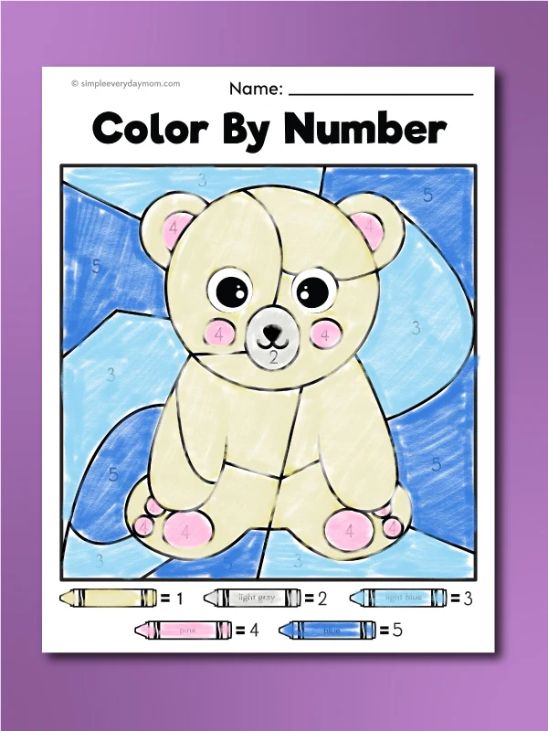 finished example of polar bear color by number worksheet