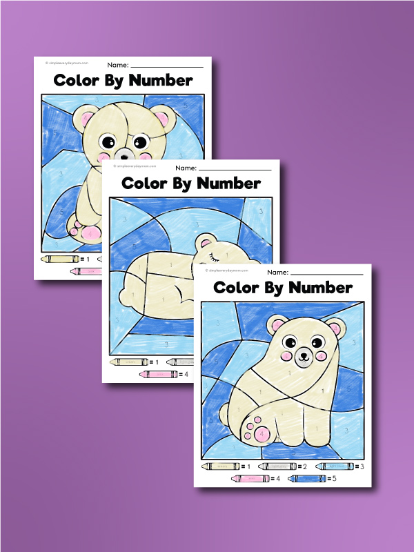 three finished examples of color by number polar bear