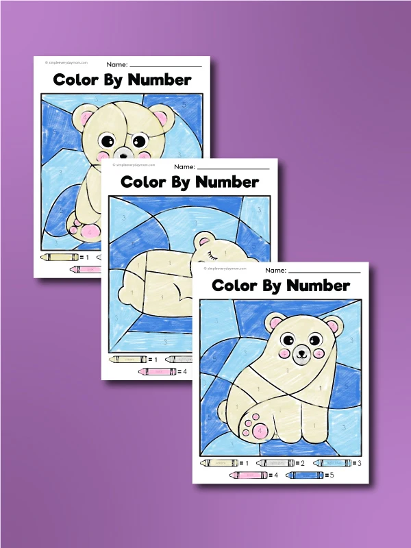 three finished examples of color by number polar bear