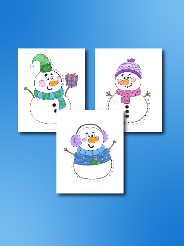three examples of snowman dot to dots