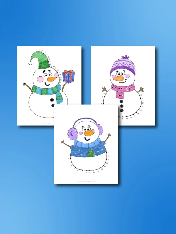 three examples of snowman dot to dots