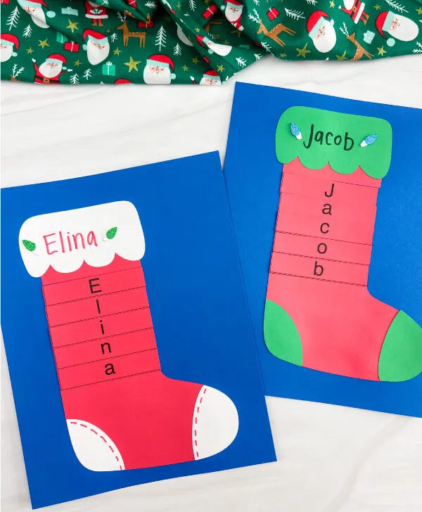 two versions of finished stocking name crafts