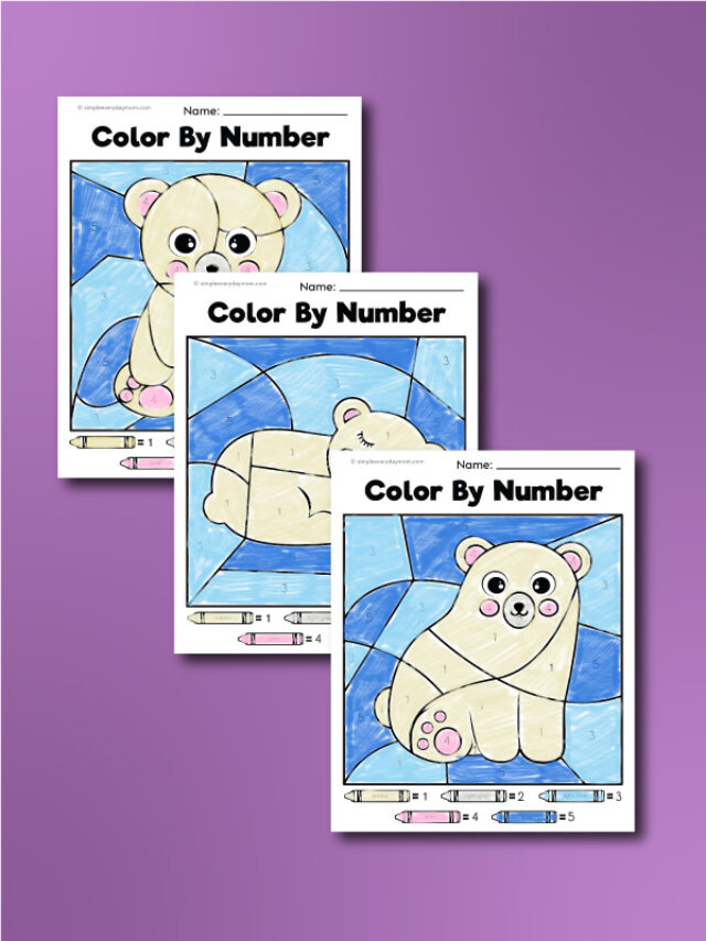 three finished examples of color by number polar bear