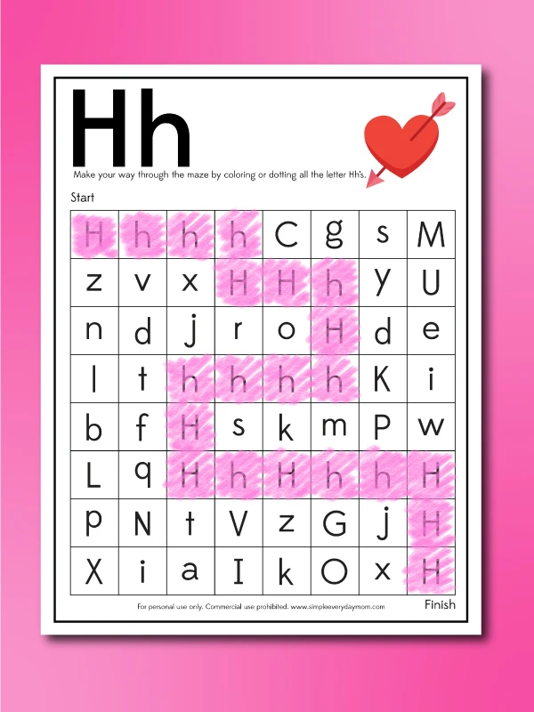 H worksheet printable Valentine letter maze