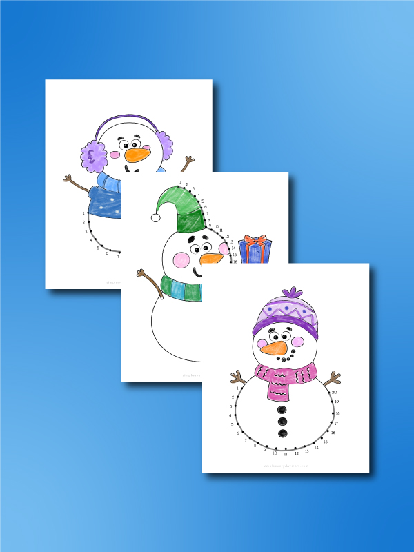 three versions of snowman dot to dots