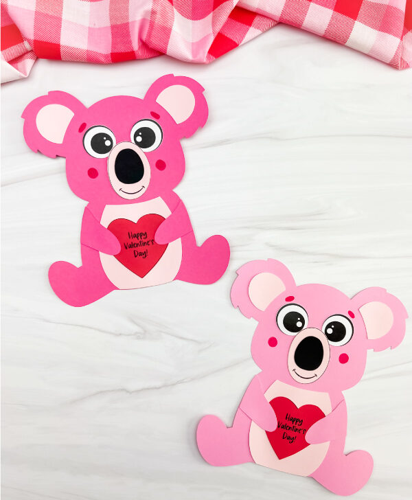 two side by side finished examples of koala valentine craft