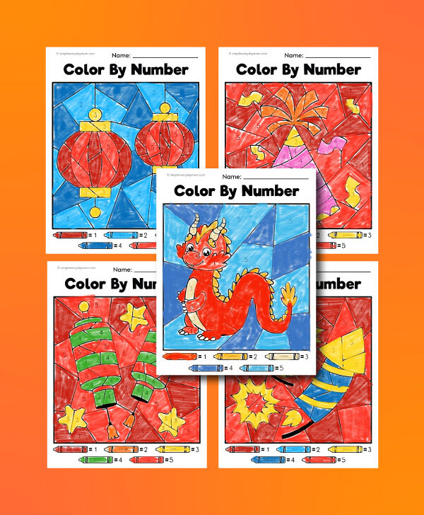 Chinese new year color by number worksheets collage