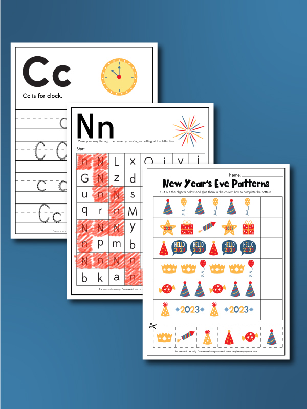 New Year's Eve worksheets image collage