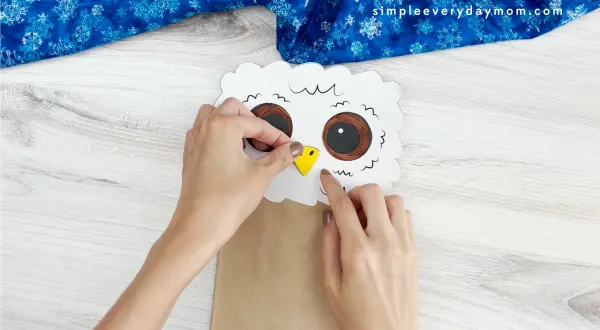 hands gluing beak to owl babies puppet craft
