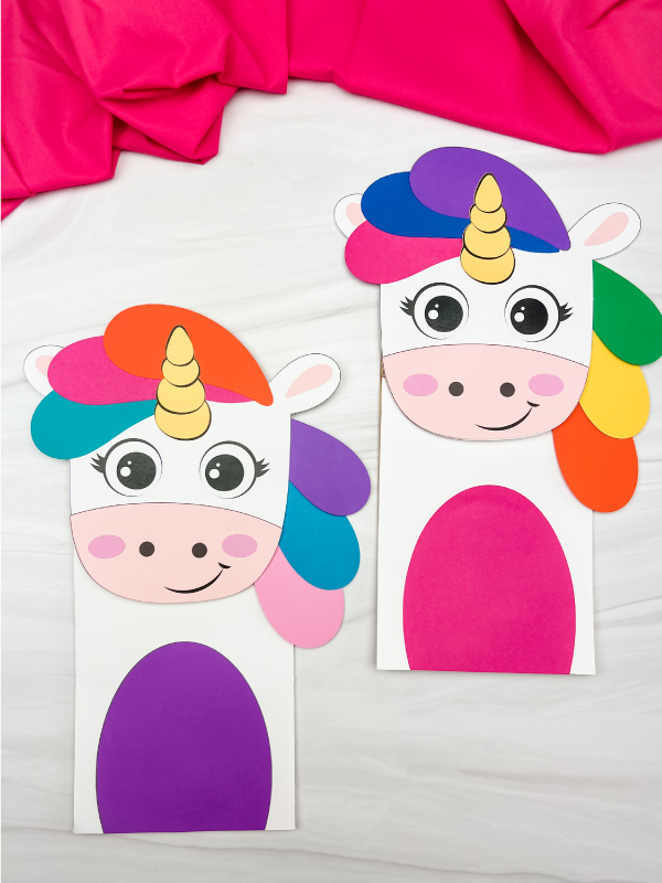 two side by side finished examples of unicorn rainbow puppet