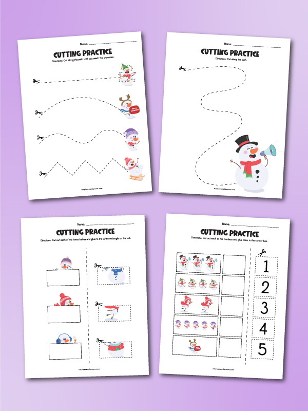 snowman cutting activity pages on purple background