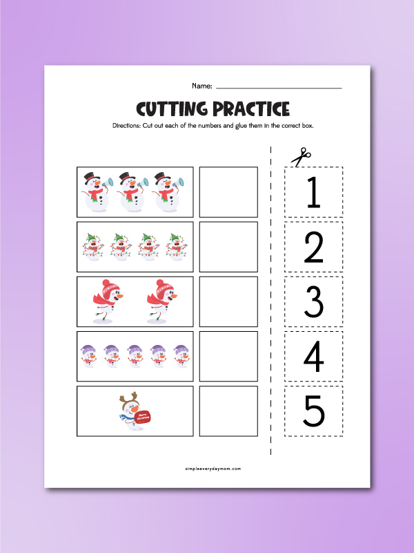 snowman cutting activity pages on purple background