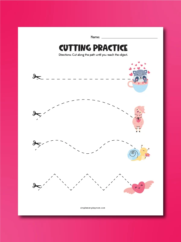valentines cutting practice dotted line worksheet