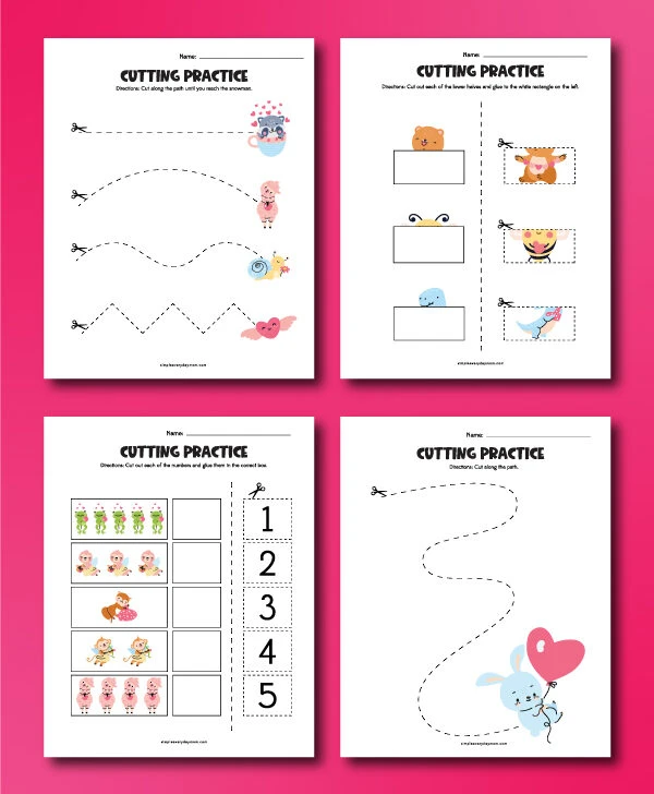 four examples of printed valentines cutting practice worksheets