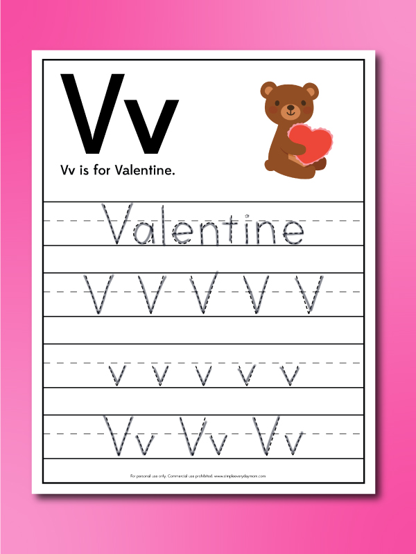 v is for valentine printed worksheet