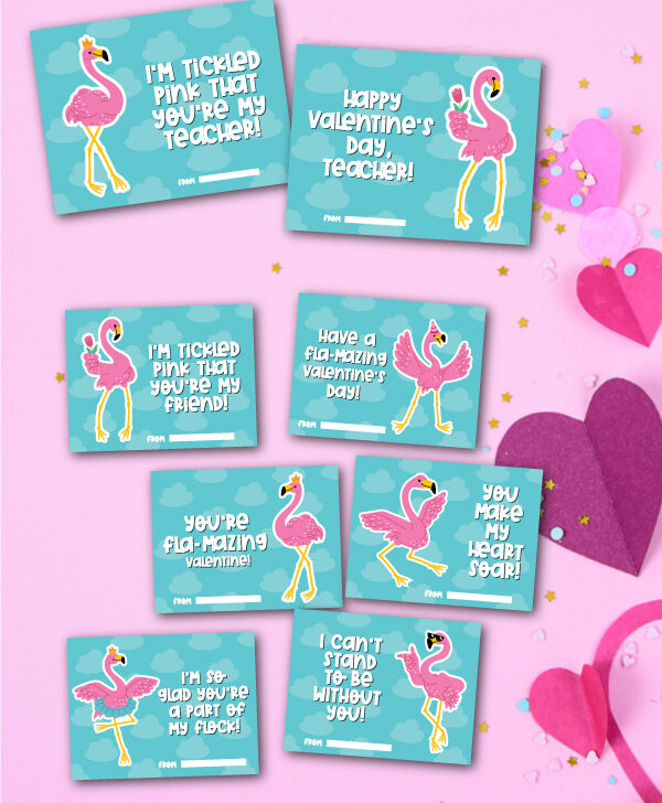 Printed example of flamingo valentine card
