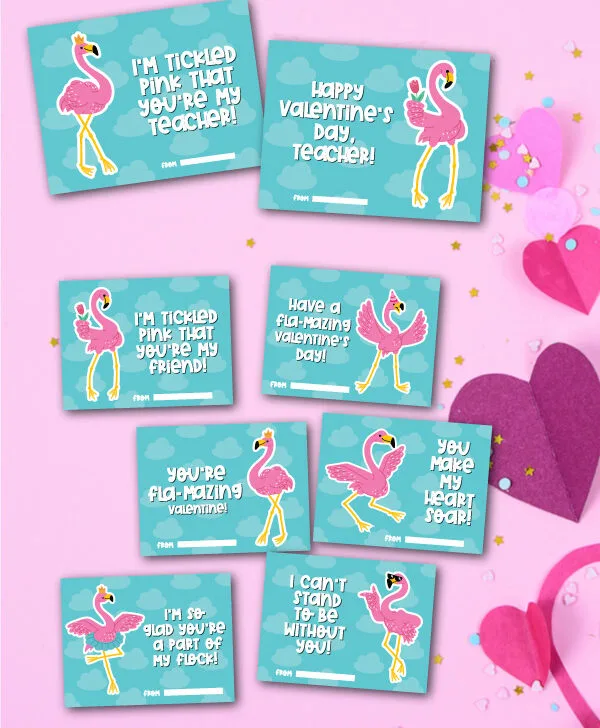 Printed example of flamingo valentine card