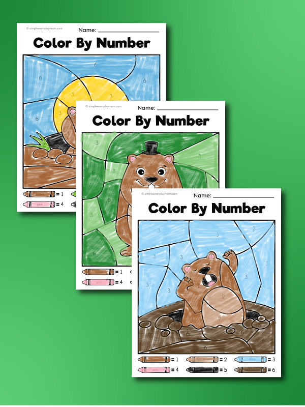 three stacked finished examples of Groundhog Day color by number sheets