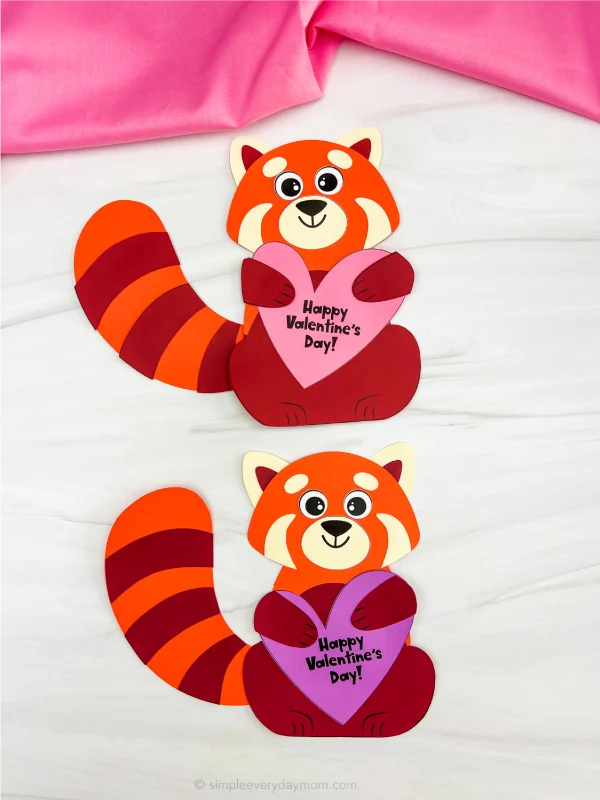 two examples of finished red panda valentine craft