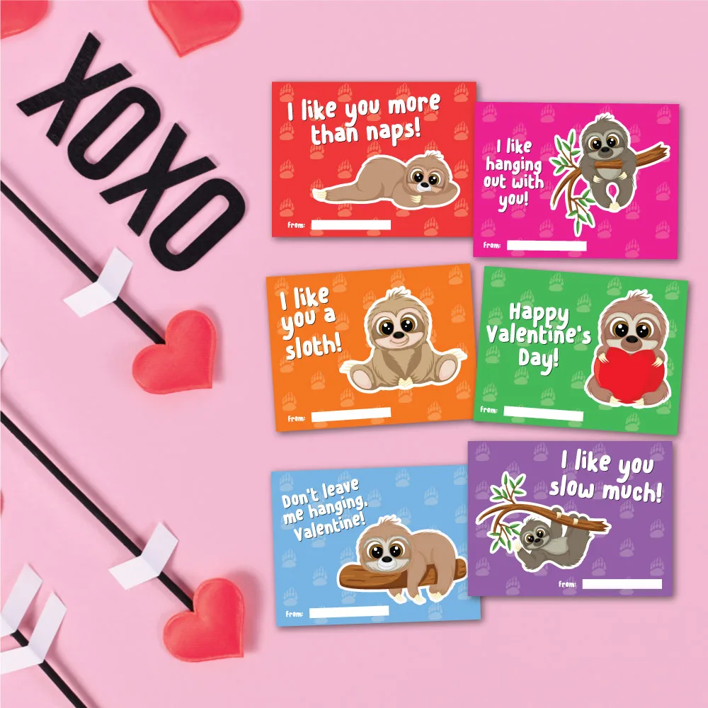 printable sloth Valentine cards for kids