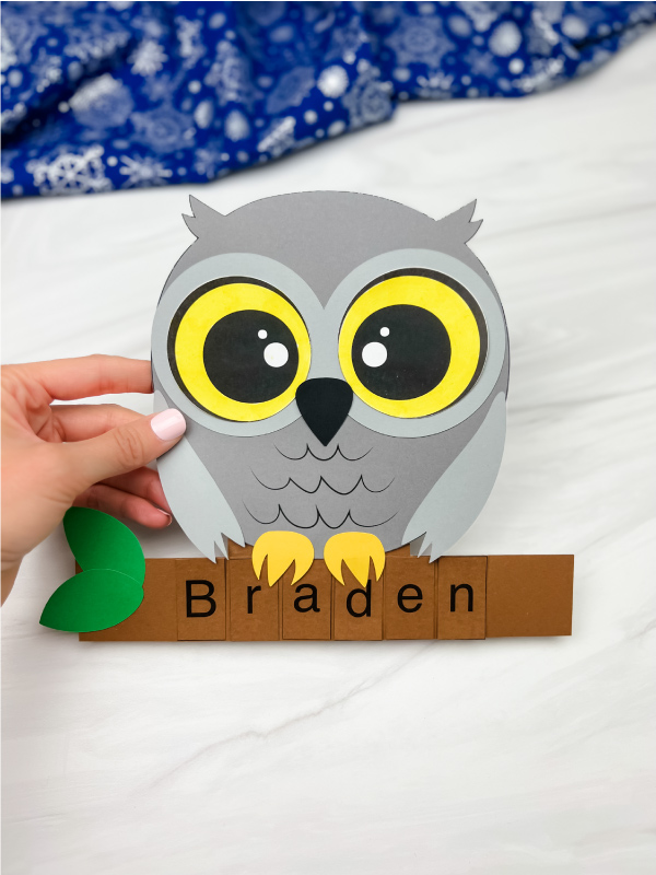 hand holding finished example of snowy owl name craft