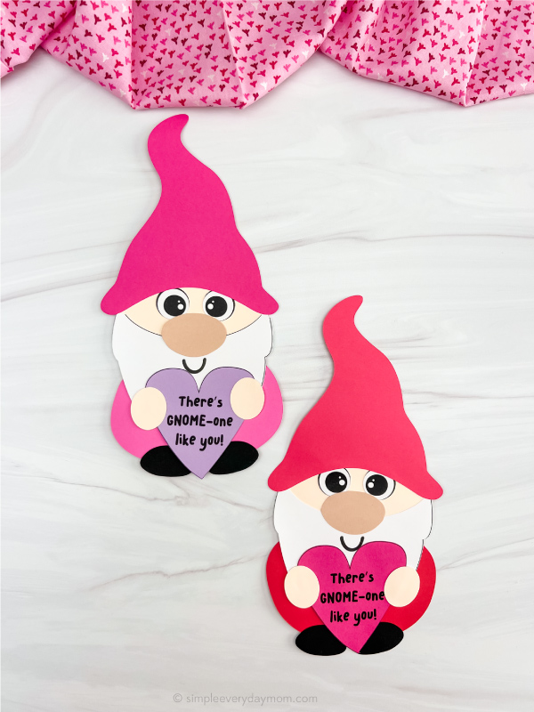 two examples of finished gnome valentine crafts