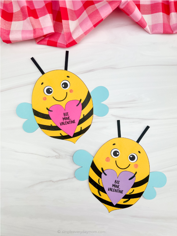 two side by side examples of finished bee mine valentine crafts