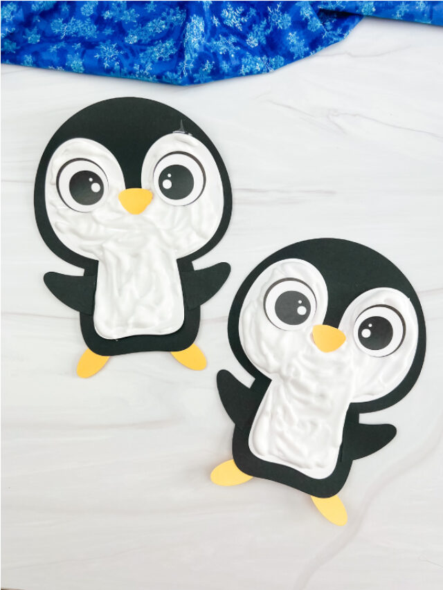 two image of puffy paint penguin craft side by side