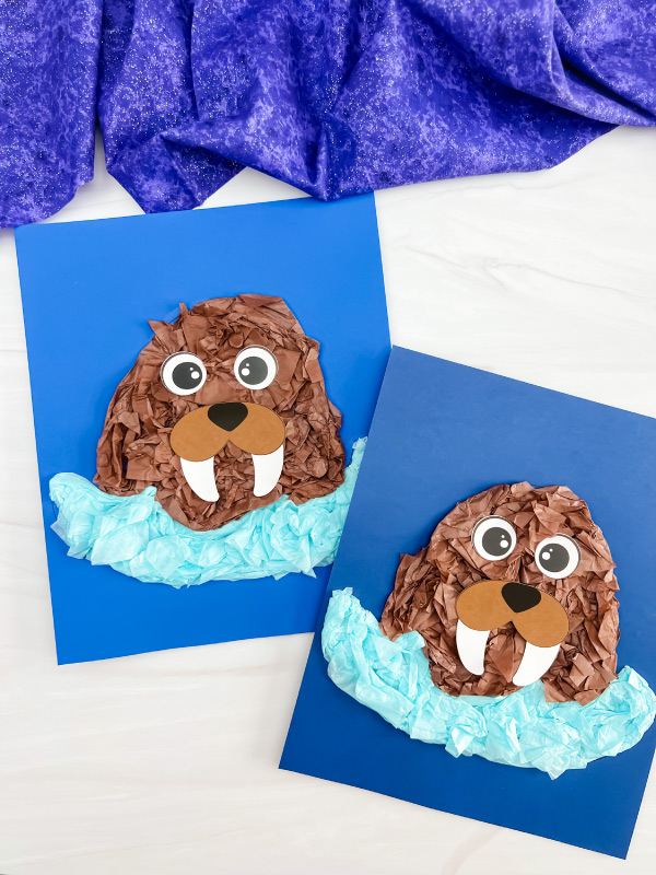 two examples side by side of finished walrus tissue paper craft