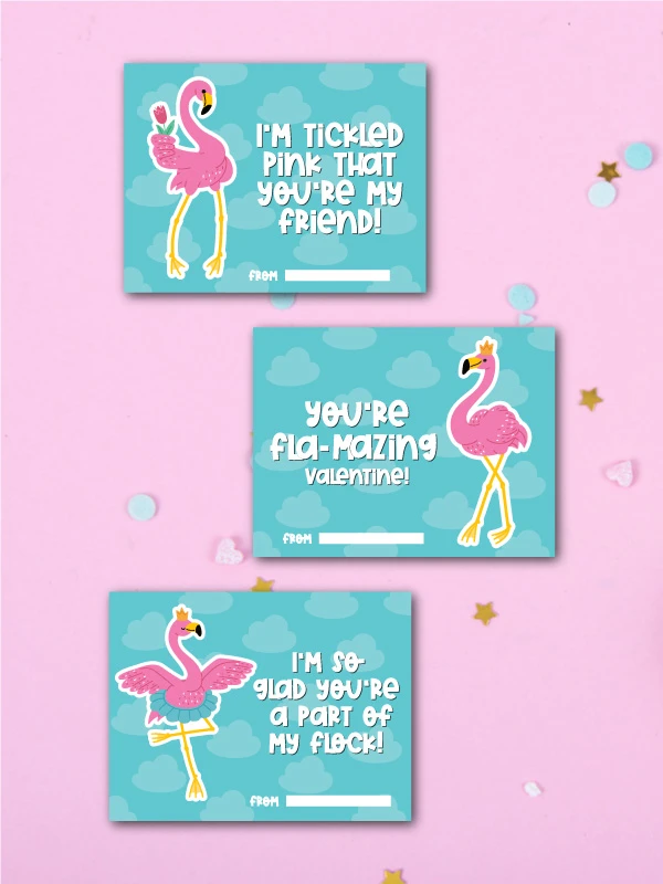 three examples of printed flamingo valentine cards