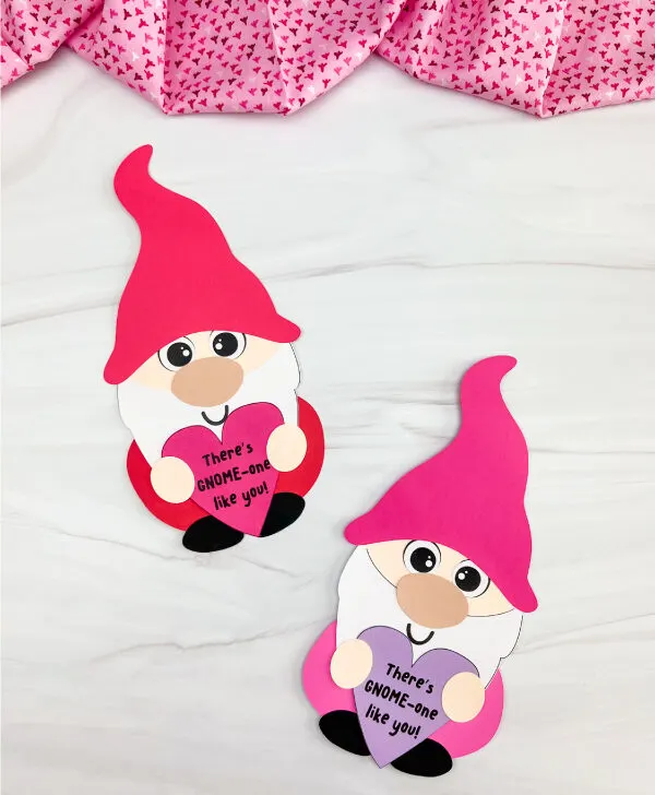 two examples side by side of finished gnome valentine craft