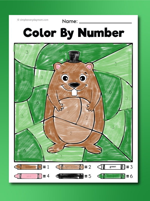Groundhog Day color by number finished example with tophat