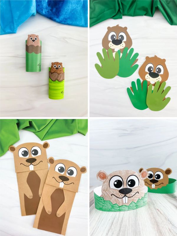 collage of groundhog crafts for kindergarten