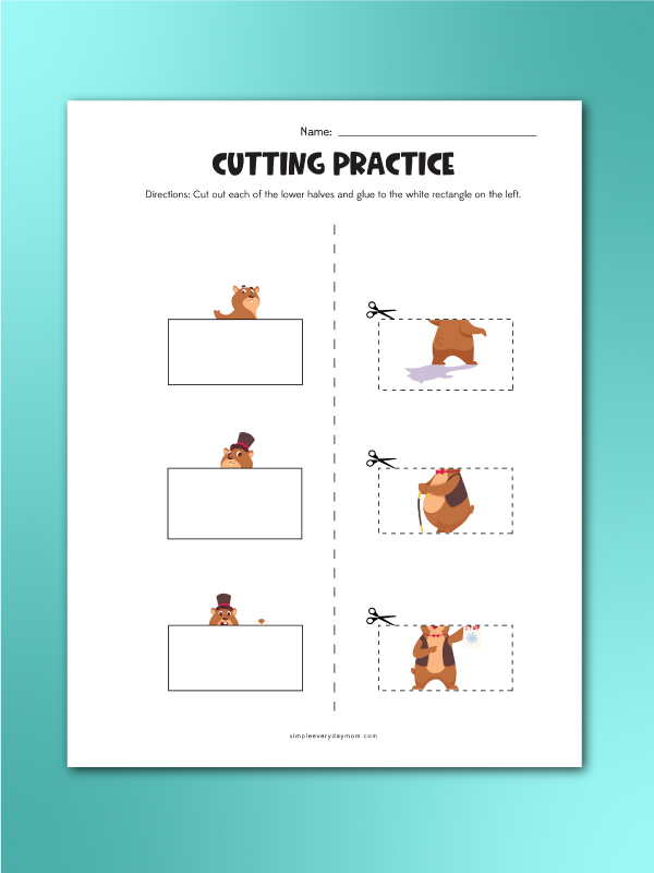 Groundhog cutting practice match worksheet