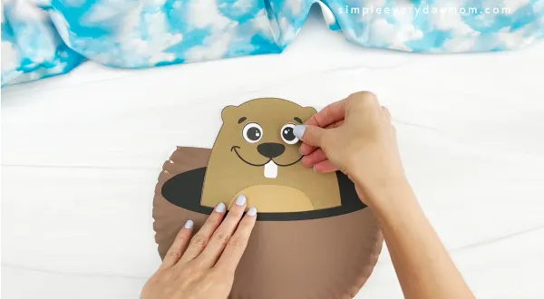 hands placing eyes onto face of groundhog paper plate craft