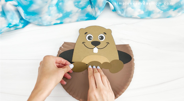 hands assembling parts of groundhog paper plate craft