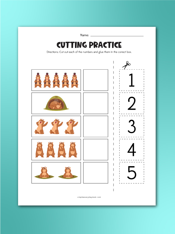 Groundhog cutting practice worksheets number sheet