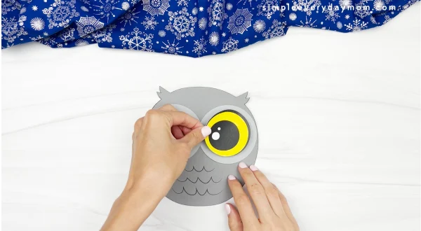 hands placing eyes onto body of snowy owl name craft