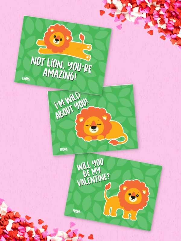 printable lion Valentine's Day cards for kids