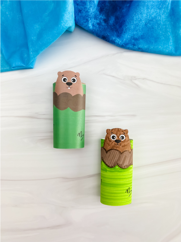 two side by side examples of groundhog toilet paper roll craft
