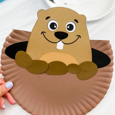 hand holding finished example of groundhog paper plate craft